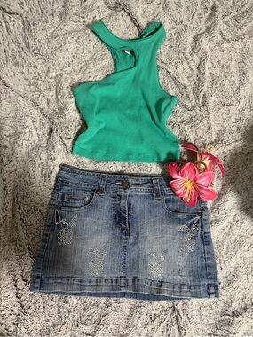 Green beans Ribbed One-Shoulder Crop Top + y2k Bling Bling Micro Denim Skirt